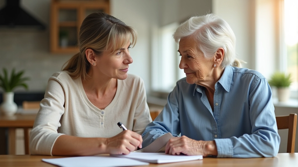 Adult child and senior parent having honest conversation at kitchen table with notebook, considering care options thoughtfully