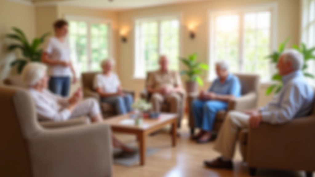 Bright assisted living community common area with multiple seniors socializing, playing games, and participating in activities with engaged staff member