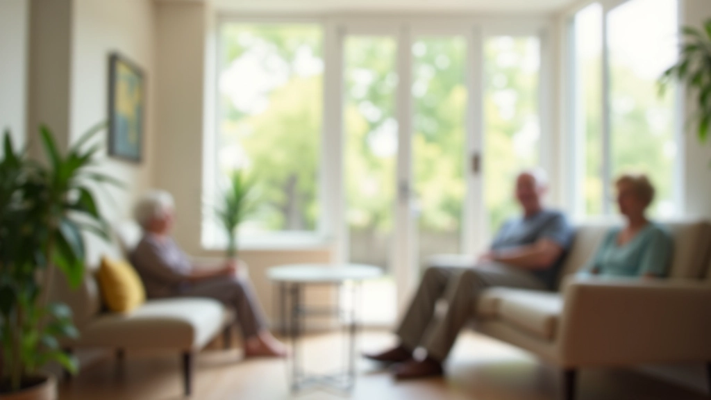 Clean, organized nursing home common area with comfortable seating and natural light streaming through large windows