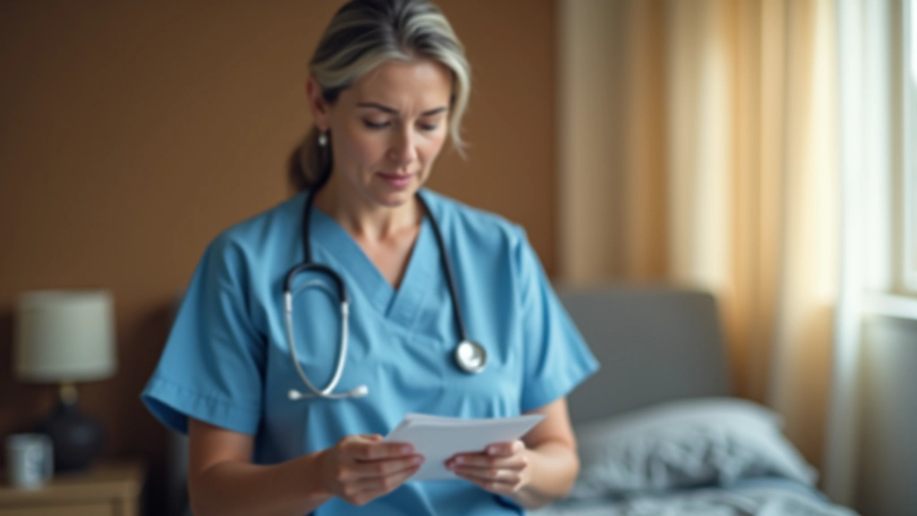 Caregiver assisting senior man with medication management at home, checking pill organizer in well-lit bedroom with medical alert system visible