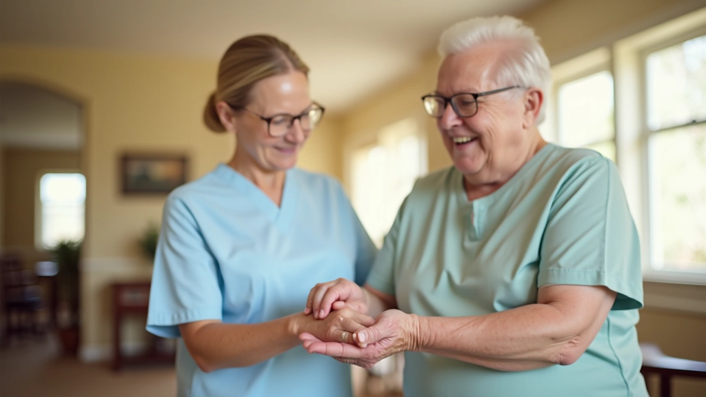 Professional caregiver providing daily living support to senior resident