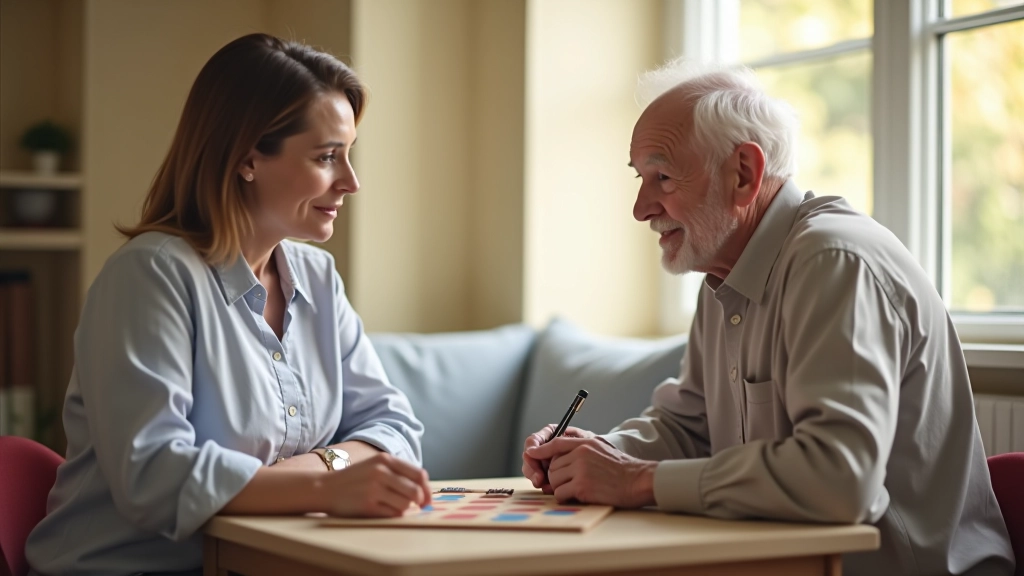 Caregiver and senior man playing board game together at wooden table with natural light