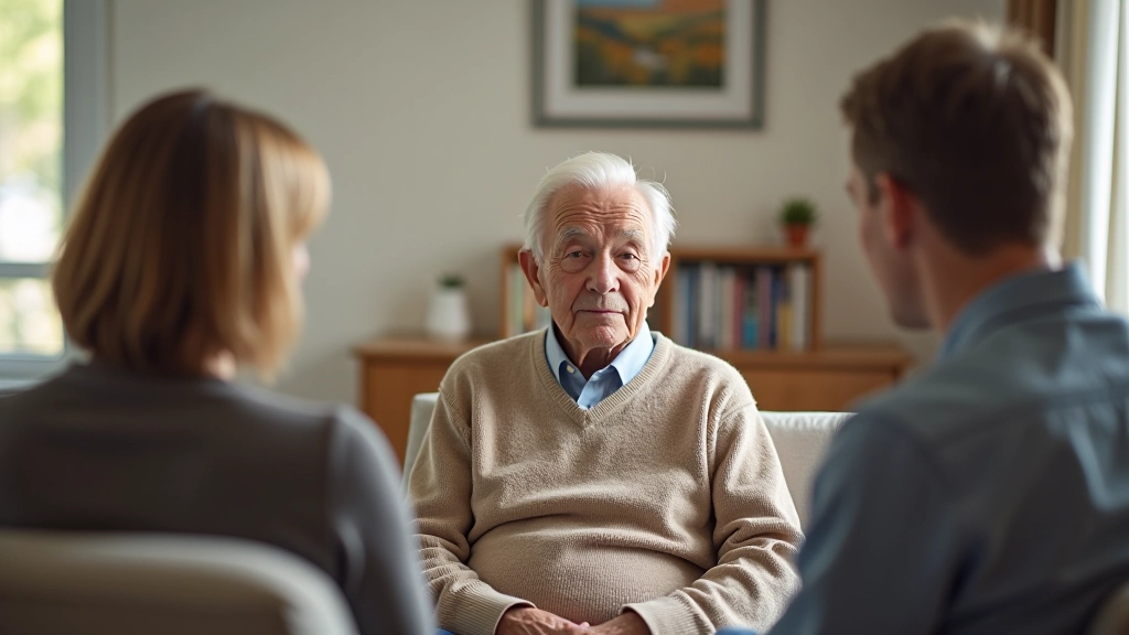 Elderly resident with family members during comfortable visit in bright nursing home lounge area with large windows