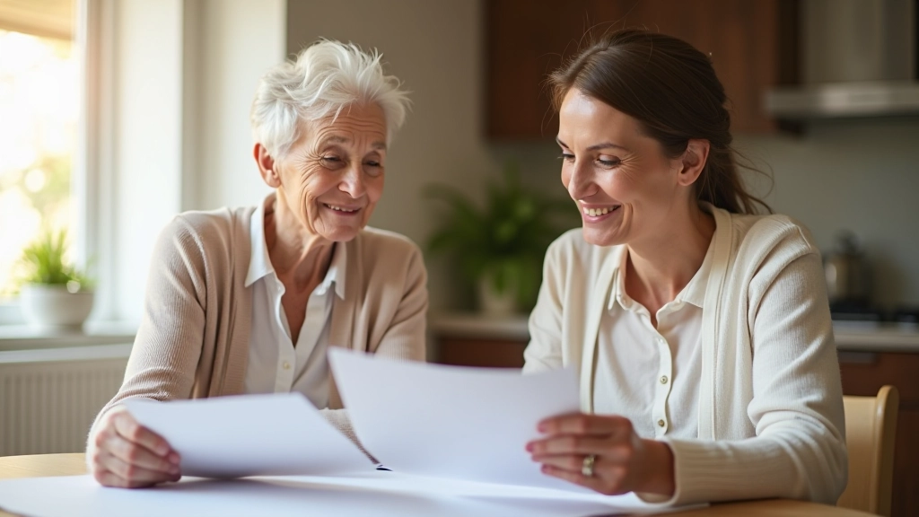 Elderly woman and adult daughter reviewing insurance documents and healthcare benefits together at home