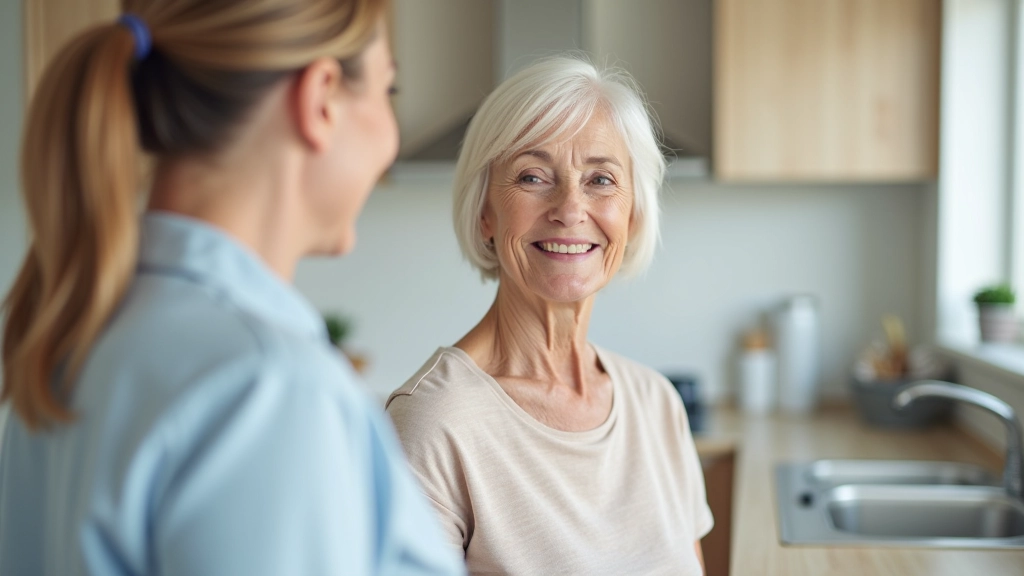 Senior woman receiving help from caregiver with morning routine in bright, accessible home kitchen with grab bars and modern accessibility features
