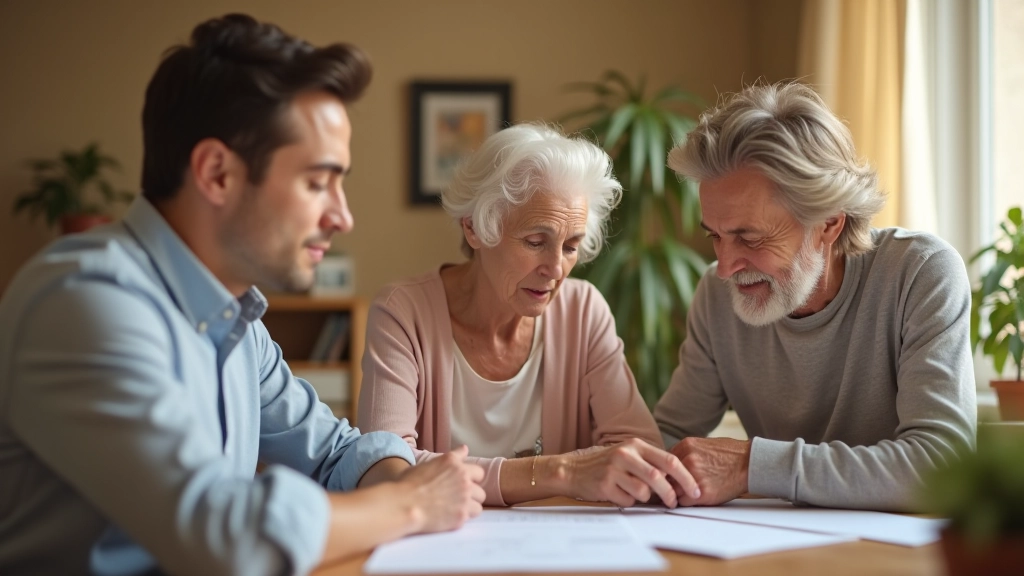 Adult daughter sitting with elderly mother in living room, reviewing documents together while discussing care options