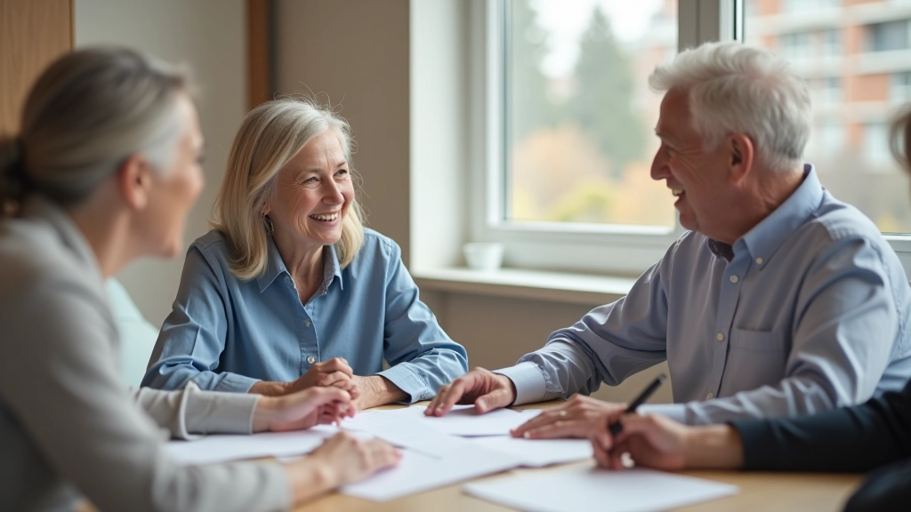 Senior family members and adult children discussing nursing home options during a facility consultation