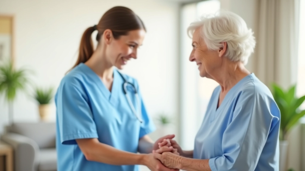 Caregiver helping elderly woman with glasses smile warmly during home visit