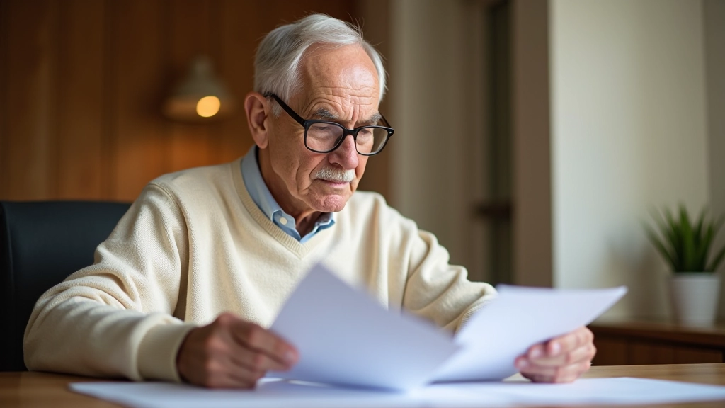 Senior man reviewing insurance policy documents and comparing coverage options at home