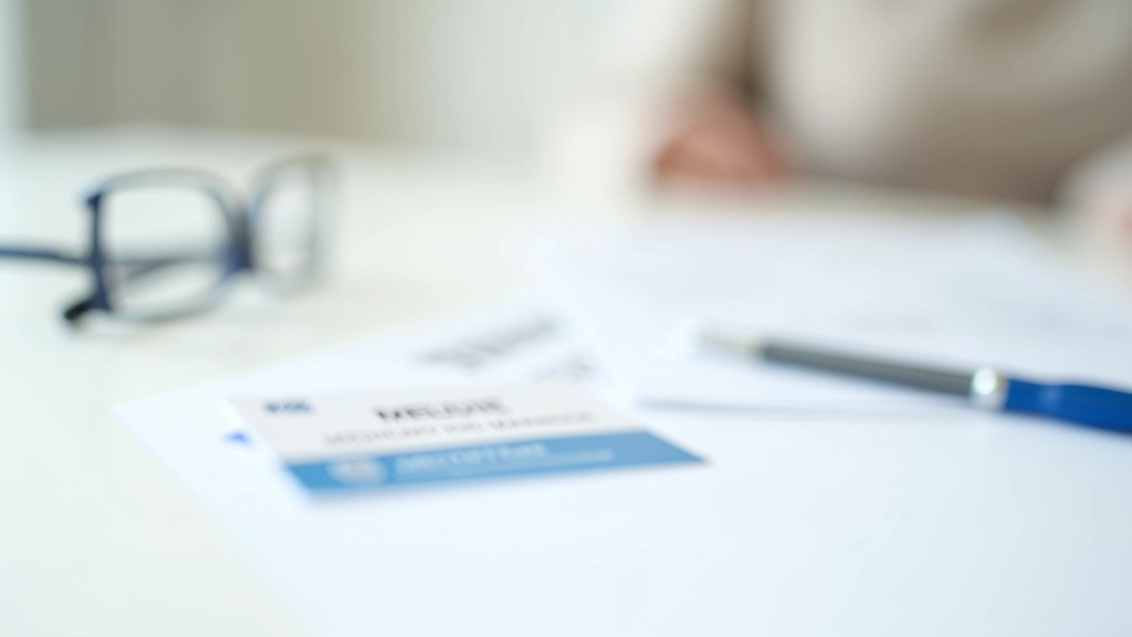 Closeup of Medicare card and healthcare insurance documents on white desk with reading glasses