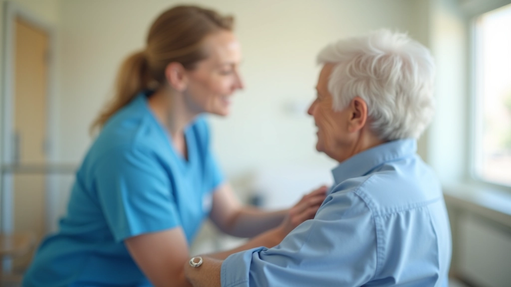 Nursing staff member assisting senior resident with daily activities in clean, well-lit residential room