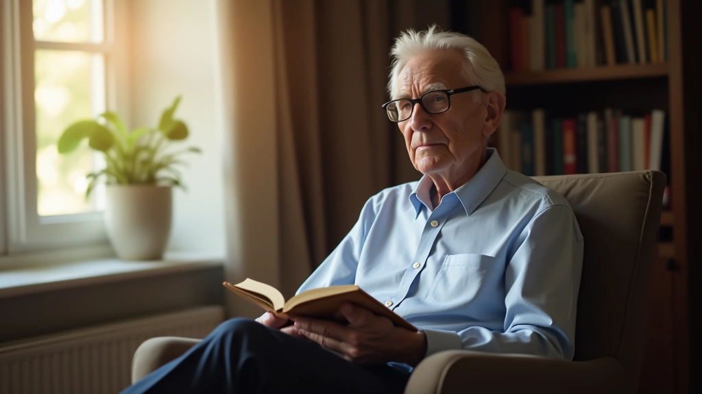 Senior man sitting peacefully by window with book, relaxed expression in bright home
