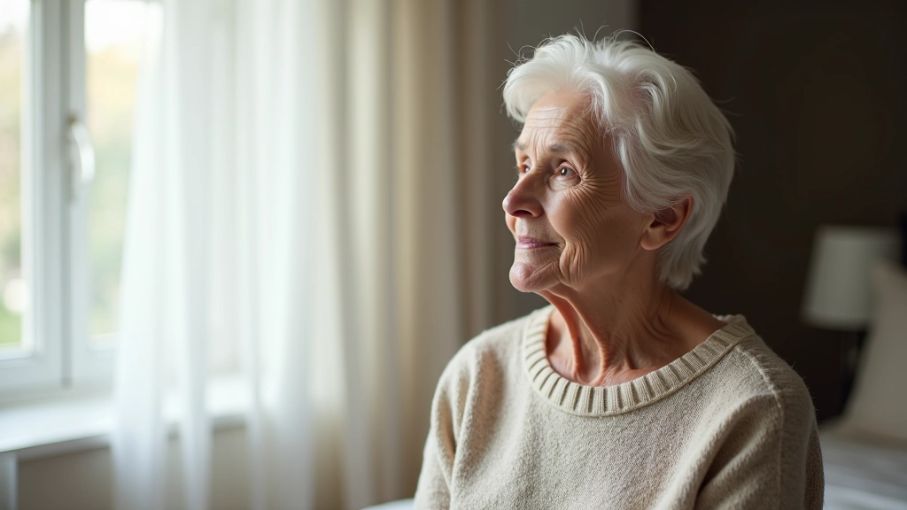 Senior woman looking out window with thoughtful expression, peaceful home environment