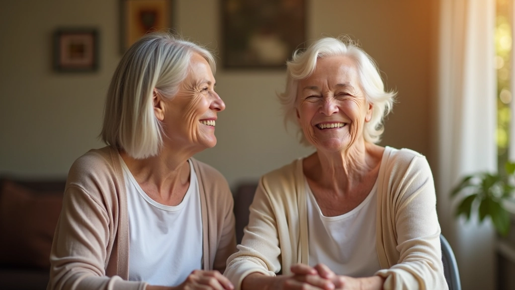 Senior woman and caregiver smiling together during afternoon tea time in comfortable home setting