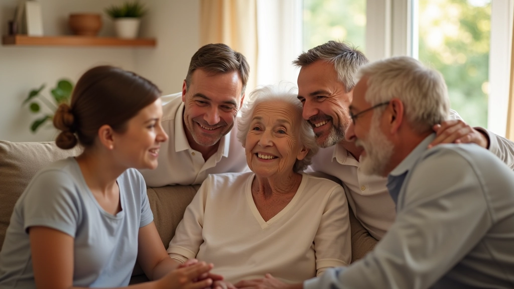 Family providing support to elderly family member in comfortable home environment